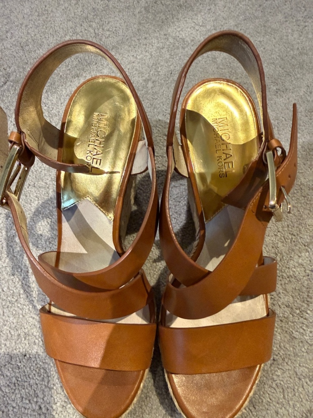 MICHAEL Michael Kors Tan Leather Crisscross Strap Sandals with Gold Footbed
